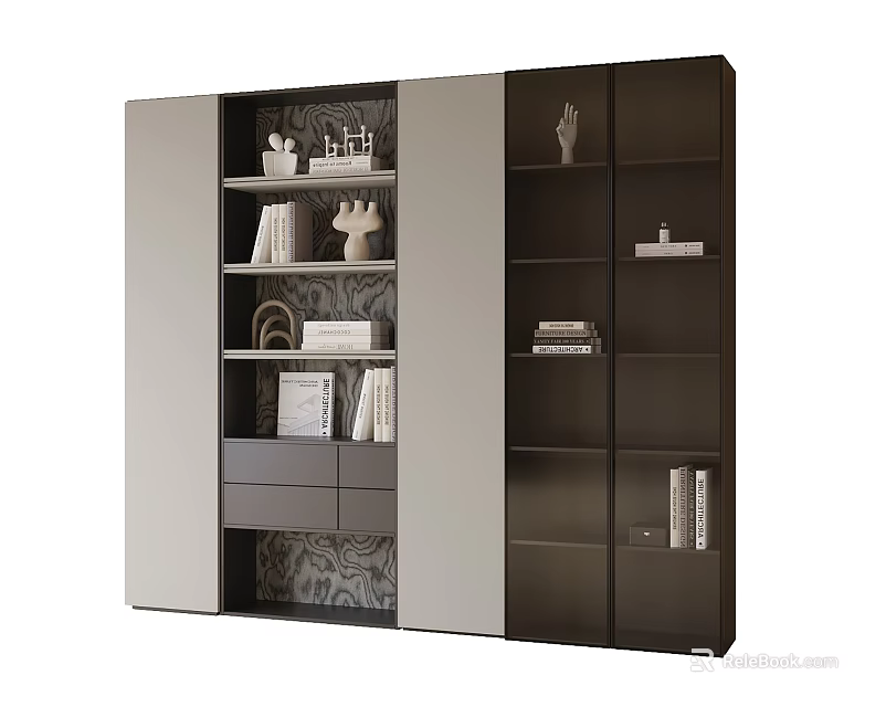 Modern Bookcase With Light Dark Panels Multiple Shelves Drawers And Decorative Items 3d model