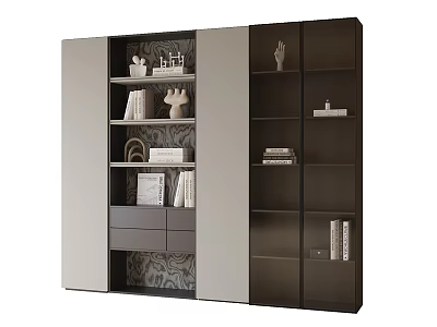Modern Bookcase With Light Dark Panels Multiple Shelves Drawers And Decorative Items 3d model