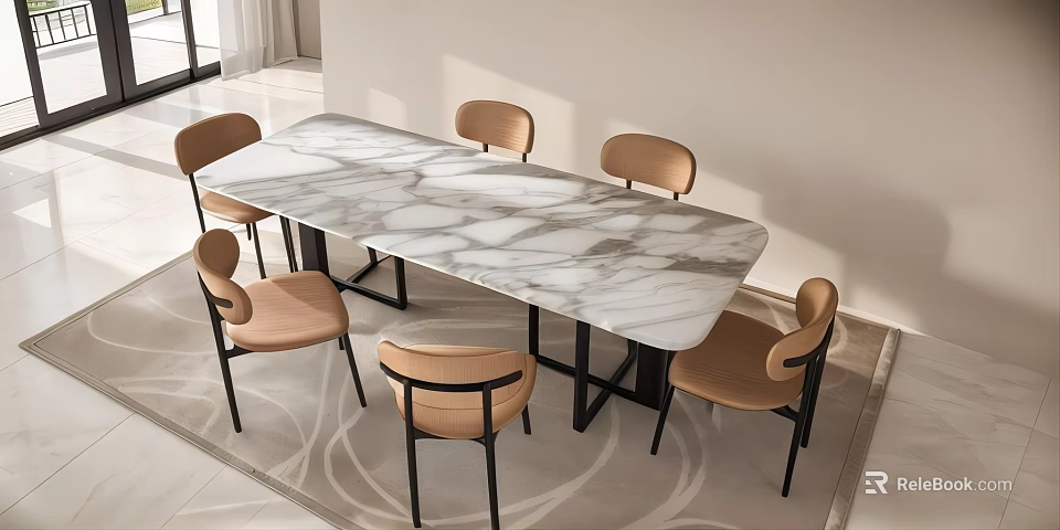 Modern Dining Table Set with Marble Tabletop and Six Light Brown Chairs with Black Legs 3d model