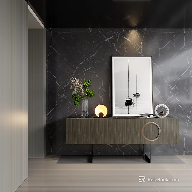 Modern Entryway Sideboard Cabinet Interior With Dark Marble Wall And Decorative Items 3d model