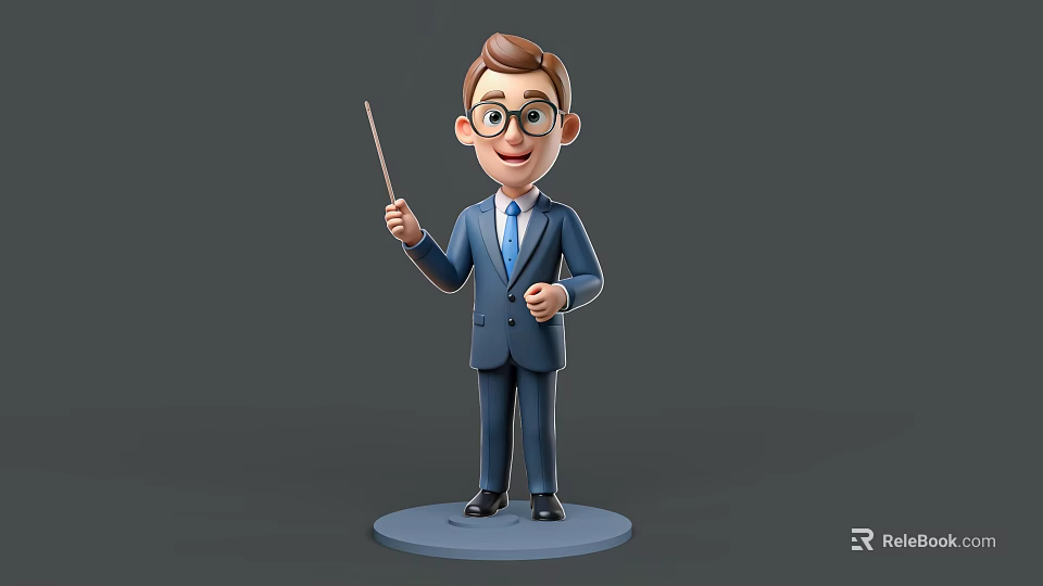 Cartoon Man In Blue Suit Wearing Glasses Holding Pointer Standing On Base 3d model 