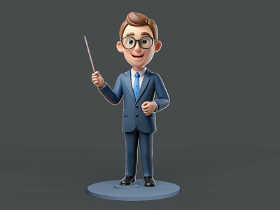 Cartoon Man In Blue Suit Wearing Glasses Holding Pointer Standing On Base 3d model