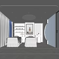 Bright Modern SPA Sauna Room Featuring White Massage Beds Blue Curtains and Wall Art 3d model