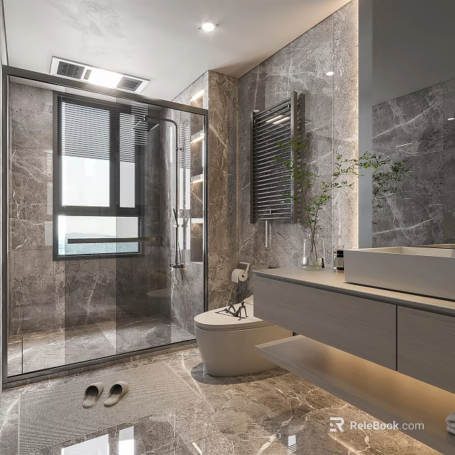 Modern Hotel Bathroom With Marble Walls Shower Enclosure Vanity Mirror And Plants 3d model 