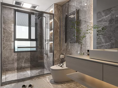 Modern Hotel Bathroom With Marble Walls Shower Enclosure Vanity Mirror And Plants 3d model