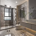 Modern Hotel Bathroom With Marble Walls Shower Enclosure Vanity Mirror And Plants