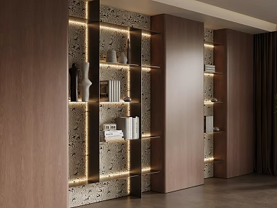 Modern Wooden Built in Bookcase Interior Design With Lighting Books And Decorative Vases 3d model