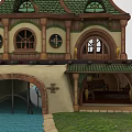 Cartoon House with Green Roof Arched Windows Brown Accents on Grass Platform and Small Stream