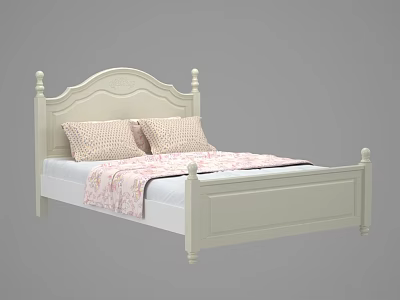 White Poster Double Bed With Curved Headboard Patterned Pillows And Pink Floral Blanket 3d model