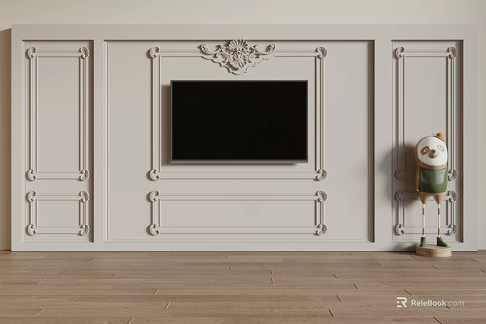 Elegant White Carved Plaster Molding Decor On TV Background Wall Interior 3d model