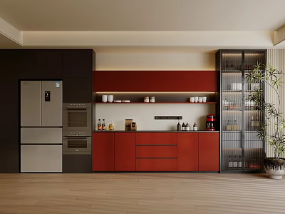 Modern Kitchen Sideboard With Red Cabinets Black Storage And Glass Door Design 3d model