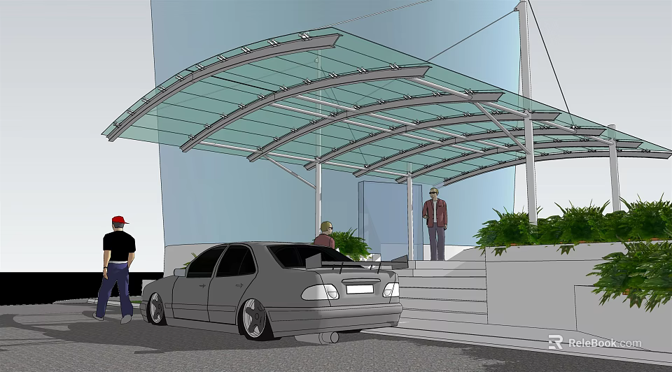 Transparent Glass Canopy for Car Parking with Entryway Steps and Greenery 3d model 