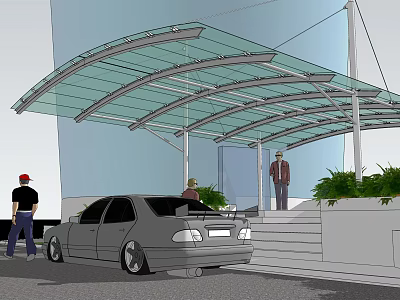 Transparent Glass Canopy for Car Parking with Entryway Steps and Greenery 3d model