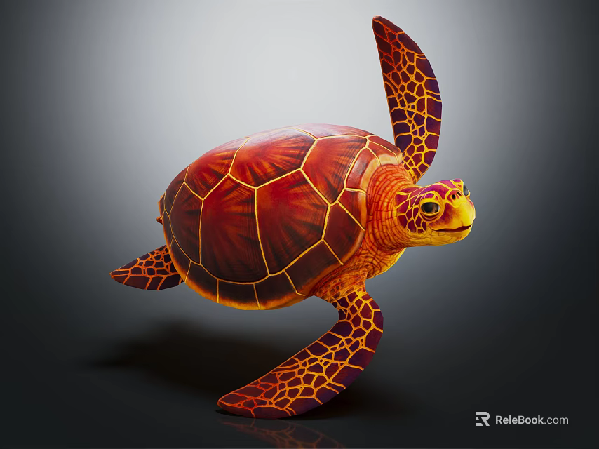 Vibrant Red and Orange Sea Turtle with Detailed Shell and Flippers on Dark Background 3d model 