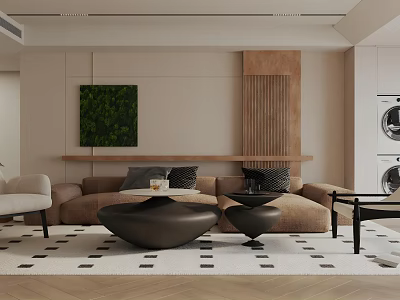 Modern Minimalist Living Room With Brown Sofa Black Coffee Tables Geometric Rug And Wall Art 3d model