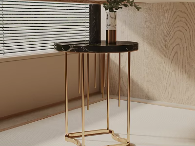 Modern Bedside Table with Black Marble Top and Gold Metal Legs Featuring Vase with Plants 3d model