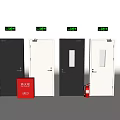 Black And White Swing Doors With Glass Panels Fire Extinguisher And Safety Signs