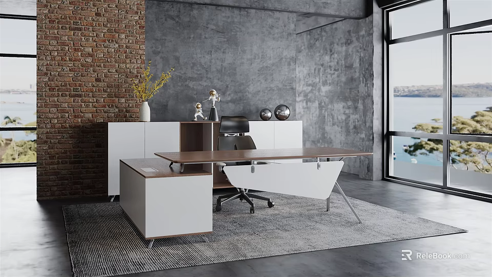 Modern Office Desk With Wooden Desktop And White Cabinet Near Large Window 3d model 