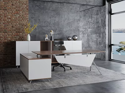 Modern Office Desk With Wooden Desktop And White Cabinet Near Large Window 3d model