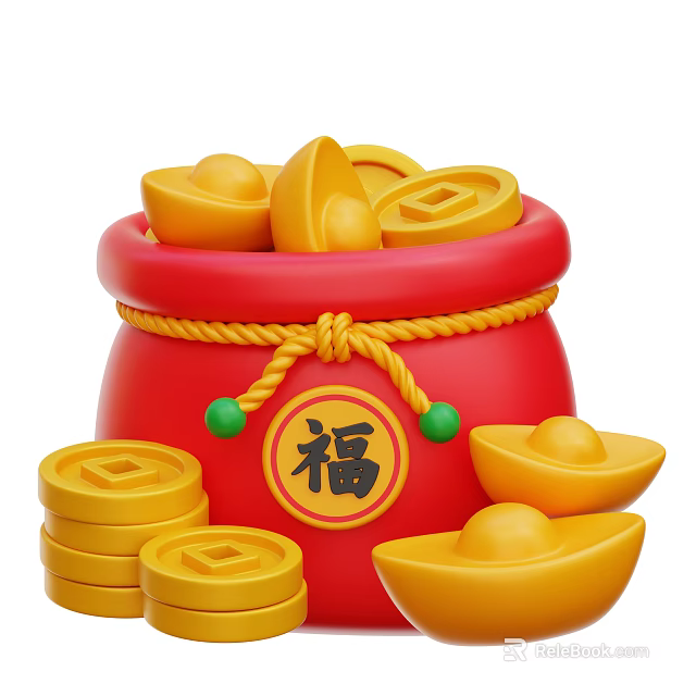 Decorative Ornament Set with Red Bag Gold Ingots Coins Fu Character and Green Decorative Balls 3d model 