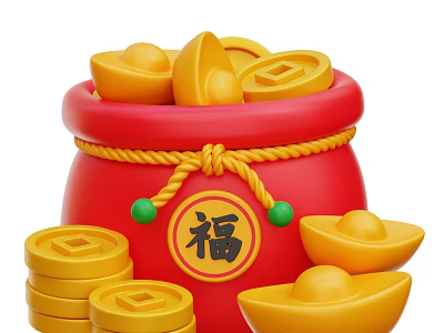 Decorative Ornament Set with Red Bag Gold Ingots Coins Fu Character and Green Decorative Balls 3d model