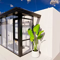 Glass Sunroom With Large Windows Table Desk Lamp Chairs Green Plant And Blue Sky Clouds