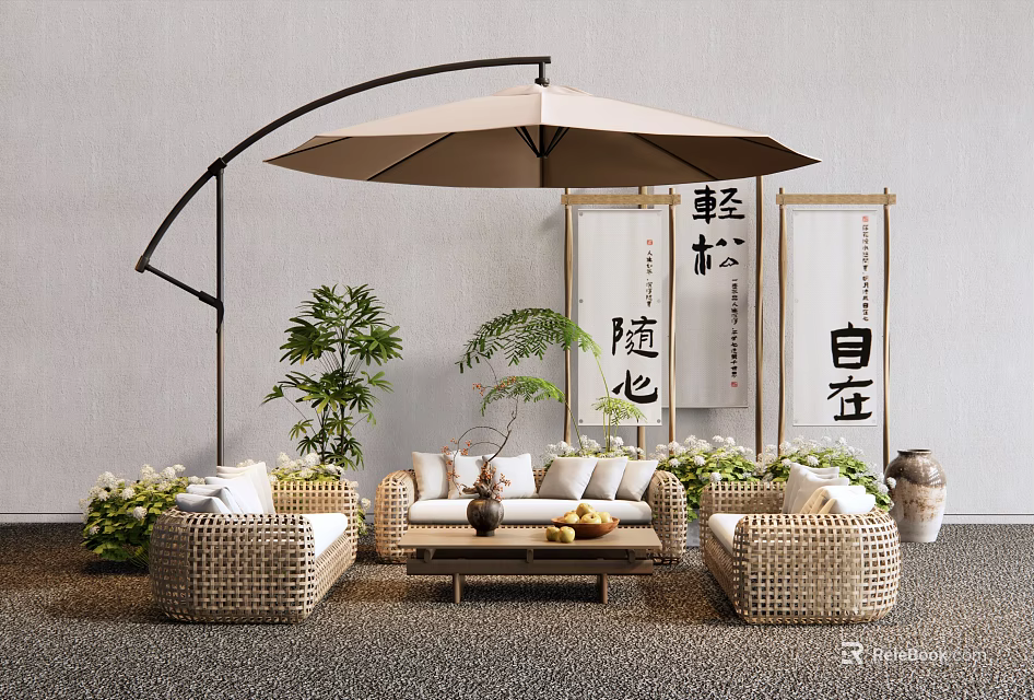 Outdoor Rattan Sofa Set With Cantilever Parasol Potted Plants And Wooden Coffee Table 3d model 