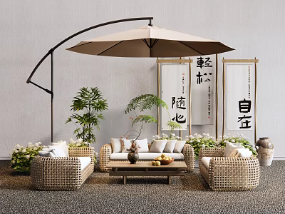 Outdoor Rattan Sofa Set With Cantilever Parasol Potted Plants And Wooden Coffee Table 3d model