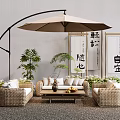 Outdoor Rattan Sofa Set With Cantilever Parasol Potted Plants And Wooden Coffee Table