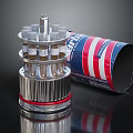 Shiny Metallic Mechanical Device With Multi Layered Components And Striped Cylindrical Casing