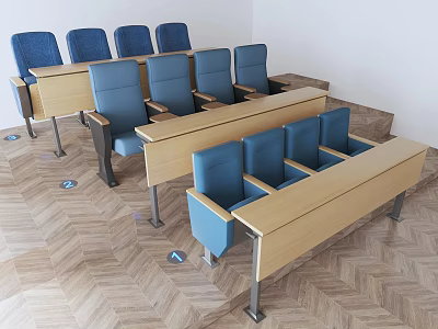 Blue Public Chairs With Wooden Desks In Stepped Indoor Rows Neatly Arranged 3d model