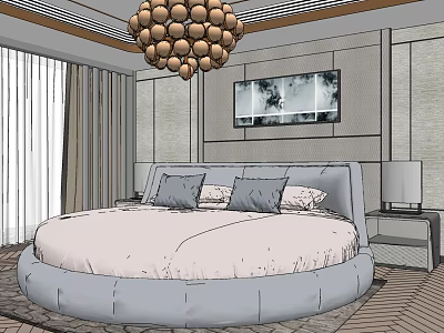Round Double Bed Bedroom With Gray Cushions Nightstand Lamp Wall Art And Chandelier 3d model