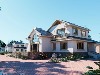 Detached Villa Exterior With White Facade Sloped Roof Large Windows Landscaped Garden And Brick Driveway 3d model