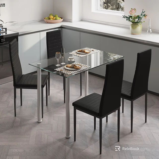 Modern Dining Table Set with Glass Top Four Black Chairs and Tableware Placemats in Kitchen 3d model 