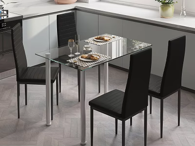 Modern Dining Table Set with Glass Top Four Black Chairs and Tableware Placemats in Kitchen 3d model