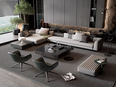 Modern Living Room Sofa And Coffee Table Set With Fireplace Green Plants And Window View 3d model