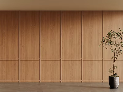 Wooden Vertical Slat Accent Wall with Potted Plant and Gray Floor in Modern Room 3d model