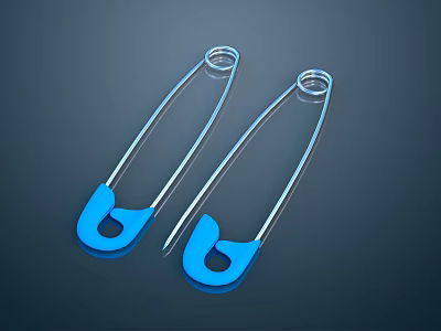 Two Shiny Silver Safety Pins With Blue Heads On Dark Background 3d model
