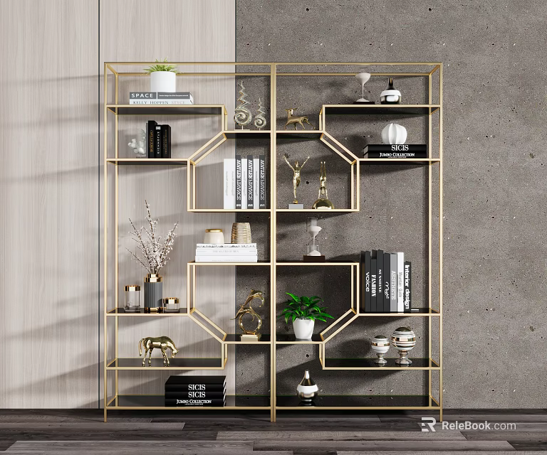 Elegant Modern Gold Frame Shelving Unit With Decorative Items Green Plants Books And Ornaments 3d model 