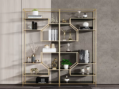 Elegant Modern Gold Frame Shelving Unit With Decorative Items Green Plants Books And Ornaments 3d model
