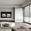 Modern Minimalist Living Room Interior With Large TV Sofa Round Coffee Tables And Plant