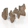 Stone Wood Carved Decorative Pieces With Textured Surfaces And Ornamental Designs