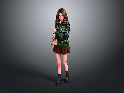 Woman In Green Sweater Brown Skirt With Brown Bag And Black Boots Gray Background 3d model