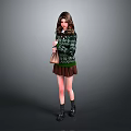 Woman In Green Sweater Brown Skirt With Brown Bag And Black Boots Gray Background