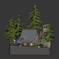Cartoon Forest Diorama With Wooden Cabin Pine Trees Blue Truck Stream And Watchtower