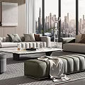 Modern Living Room Interior With Large Windows City Skyline View Sofa Set And Area Rug