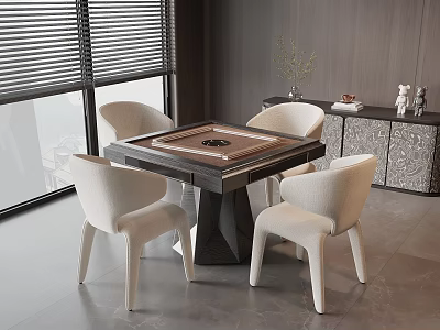 Modern Entertainment Mahjong Table With Four Beige Chairs And Decorative Cabinet 3d model