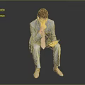 Man In Gray Suit Sitting Holding Tablet With Hand On Mouth Thinking