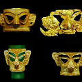 Ancient Cultural Masks Featuring Golden And Stone Carved Head Designs