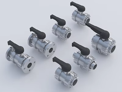 Multiple Industrial Ball Valves With Stainless Steel Construction And Black Handles 3d model